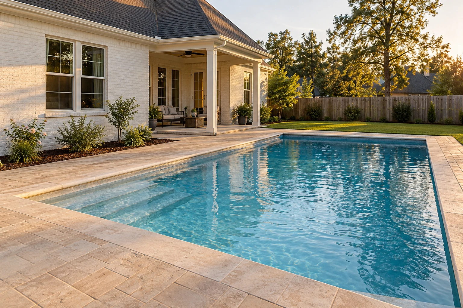 Illustrative rectangular backyard pool concept with tan paving and entry steps